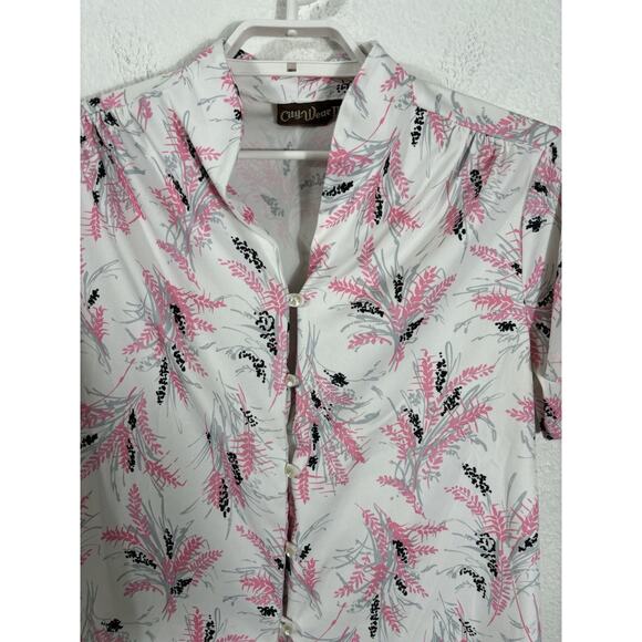 Vintage 80s Top Size M Pink Floral Short Sleeve Polyester Button Up - Picture 2 of 10